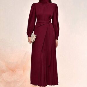 SHEIN Wine Red Pleated Wrap Maxi Dress